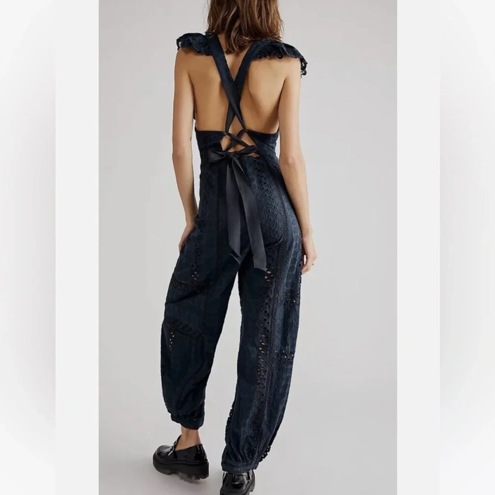 Free People Mikayla Ruffled V-Neck Jumpsuit in Midnight - Picture 4 of 13